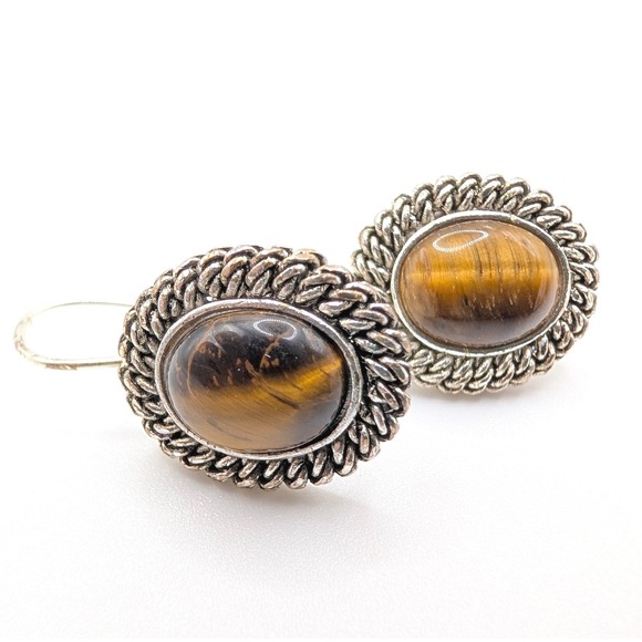 Avon Jewelry - Avon Vintage Tigers Eye Silver Tone Rope Border Kidney Wire Drop Earrings